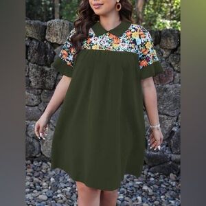 SHEIN 4xl LUNE Plus Floral Print Smock Dress ARMY GREEN